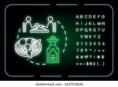 Non touristy restaurants neon light concept icon. Inexpensive lunch, affordable dinner idea. Outer glowing sign with alphabet, numbers and symbols. Vector isolated RGB color illustration