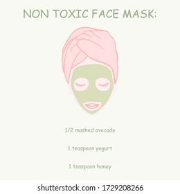 Non toxic face mask recipe. Hand drawn vector illustration in pink and green on light background. Home beauty routine. Can be used for fabrics, wallpapers, wrapping, logos, banners, flyers and posters