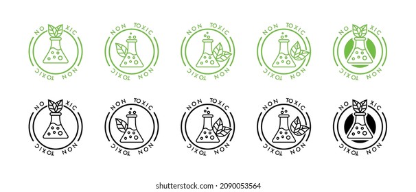 Non Toxic icon set. Set of eco badges. Non-toxic symbol. Chemical flask icon. Eco, laboratory, research and science symbol. Environmental chemistry line icon. Green care.