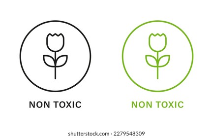 Non Toxic Product Line Green and Black Icons Set. No Toxin Chemical Safety Product Guarantee Outline Pictogram. Free Toxic Certified. Organic Symbol. Nontoxic Seal. Isolated Vector Illustration.