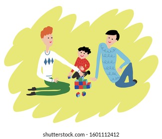 Non Traditional Male Homosexual Family Couple sit and look at their child with love and play dice. Gay Parents with Kid Vector Illustration. Husband and husband with his child svg