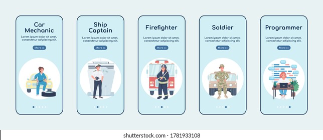 Non traditional women jobs onboarding mobile app screen flat vector template. Ship captain. Walkthrough website steps with characters. UX, UI, GUI smartphone cartoon interface, case prints set