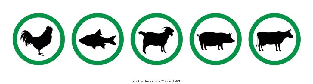 Non vegetarian eating allowed symbol with beef, pig, goat, fish and chicken meat icon set in green color. Meat eating allowed icon set vector illustration.