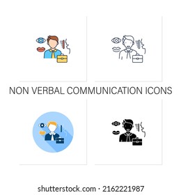 Non verbal communication icons set.Communicate using gestures, facial expressions, eye contact. Effective communication.Collection of icons in linear,filled, color styles.Isolated vector illustrations
