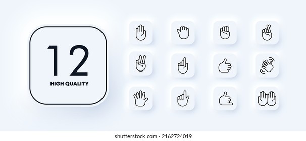 Non verbal communication set icon. Say hello, high five, like, thumbs up, point, win, wave, call me. Hand gestures concept. Neomorphism style. Vector line icon for Business and Advertising.