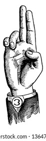 Non Vocal Divided Lip Consonant positions have the voice phalanx of the thumb bent at right angles to the breath phalanx, vintage line drawing or engraving illustration.