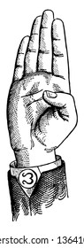 Non Vocal Mixed Divided Lip Consonant positions have the voice phalanx of the thumb bent at right angles to the breath phalanx, vintage line drawing or engraving illustration.