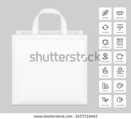 Non woven bag mockup with set icons. Vector illustration isolated on grey background. Ready and simple to use for your design. EPS10.