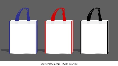 Non Woven bag white with blue border vector illustration, Non wooven bag plain for mockup design, eco-friendly woven bag for artwork, non woven red , blue and black bag isolated