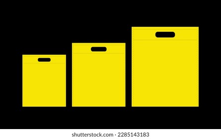 Non Woven bag yellow vector illustration, plain die cut bag, non woven d-cut bag plain for mockup design, yellow non woven bag isolated in black background, eco friendly items