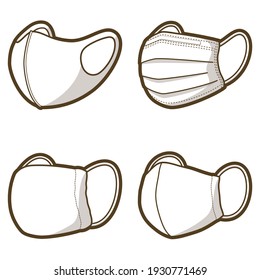 Non woven mask, Urethane mask, Cloth mask and Gauze mask. Infection prevention. Vector illustration.