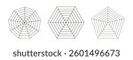 Nonagon, hexagon, pentagon graphs. Radar spider template. Spider mesh. Blank radar charts set. Flat web diagrams for statistic, analytics. Coaching tool. Black grid with segments. Outline illustration