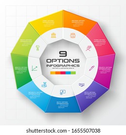 Infografía no agónica,Plantilla colorida con 9 opciones,Ilustración vectorial.