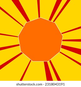 Nonagon symbol on a background of red flash explosion radial lines. The large orange symbol is located in the center of the sun, symbolizing the sunrise. Vector illustration on yellow background