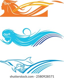 Non-AI female silhouettes vehicle graphic designs in orange and blue, summer tropical theme. Human-made swimming dolphin. Great for car decals, stickers, T-shirts, signs and logos. Vinyl-ready.