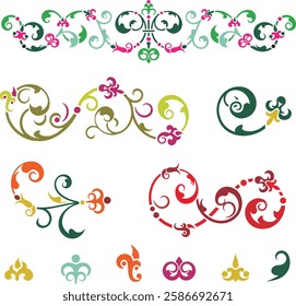 Non-AI floral ornamental arabesque designs vector set in Oriental style. Human-made colorful luxury vintage page decorations. Ready to cut graphics for backgrounds, invitations, greeting cards.