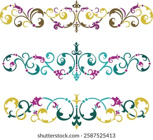 Non-AI floral ornamental arabesque designs vector set in Oriental style. Human-made colorful luxury vintage page decorations. Ready to cut graphics for backgrounds, invitations, greeting cards.