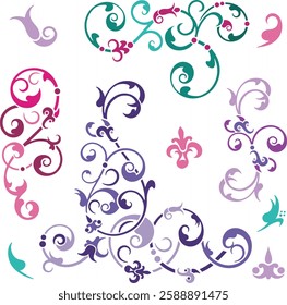 Non-AI floral ornamental arabesque designs vector set in Oriental style. Human-made colorful luxury vintage page decorations. Ready to cut graphics for backgrounds, invitations, greeting cards.