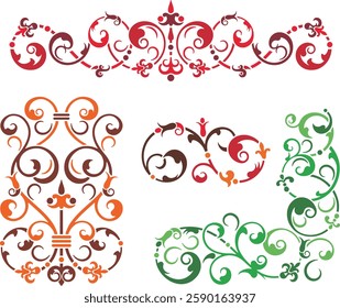 Non-AI floral ornamental arabesque designs vector set in Oriental style. Human-made colorful luxury vintage page decorations. Ready to cut graphics for backgrounds, invitations, greeting cards.