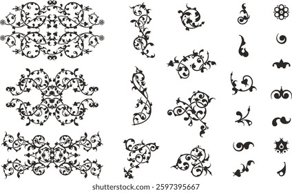 Non-AI floral ornamental arabesque designs vector set in traditional Oriental style. Black and white luxury vintage page decorations for backgrounds, wedding invitations, greeting cards, wallpapers.