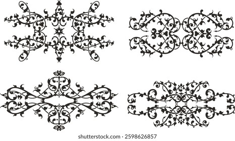 Non-AI floral ornamental arabesque designs vector set in traditional Oriental style. Black and white luxury vintage page decorations for backgrounds, wedding invitations, greeting cards, wallpapers.
