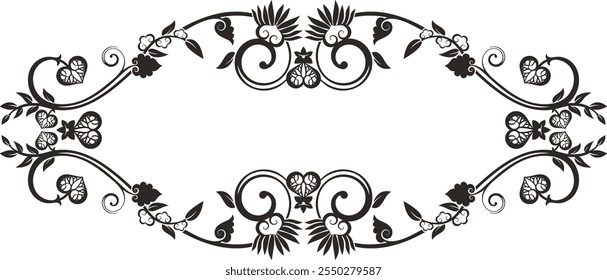 Non-AI floral ornamental frame with traditional Japanese decorative design elements and heart shapes. Human made graphic, love and romance concept. Extremely clean vector lines, vinyl and laser ready.