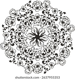 Non-AI floral vector circle ornament with flowers, leaves and swirls in traditional Chinese style. Human made luxury romantic design for wedding decorations, invitations, greeting cards, embroidery	