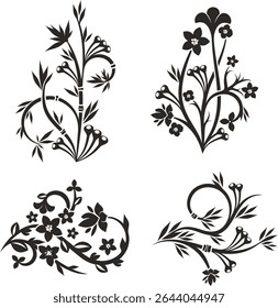 Non-AI floral vector ornamental set with various flowers, plants, leaves and swirls, made in traditional Japanese and Chinese styles. Human-made page decoration sakura designs, vinyl and laser ready.