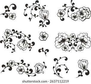 Non-AI floral vector ornaments luxury set with flowers, leaves and swirls in traditional Chinese style. Romantic designs for wedding decorations, invitations, greeting cards, embroidery. Human made.