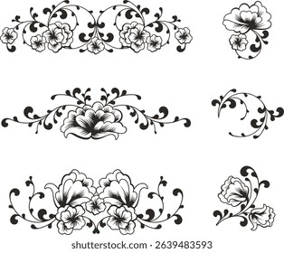 Non-AI floral vector ornaments luxury set with flowers, leaves and swirls in traditional Chinese style. Romantic designs for wedding decorations, invitations, greeting cards, embroidery. Human made.