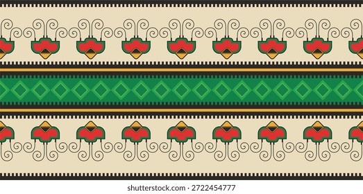 Não-AI gerou séries de vetor de friso eslavo ornamental sem costura. Autênticos padrões decorativos tradicionais do Leste Europeu de trajes folclóricos, damascas, tapetes. Motivos de bordados folclóricos balcânicos feitos pelo homem.