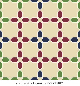 Non-AI generated vector Moorish mosaic tile design series in traditional Islamic style. Human-made retro ornamental symmetrical element in Arabian culture.