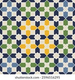 Non-AI generated vector Moorish mosaic tile design series in traditional Islamic style. Human-made retro ornamental symmetrical element in Arabian culture.