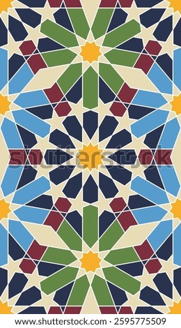 Non-AI generated vector Moorish mosaic tile design series in traditional Islamic style. Human-made retro ornamental symmetrical element in Arabian culture.
