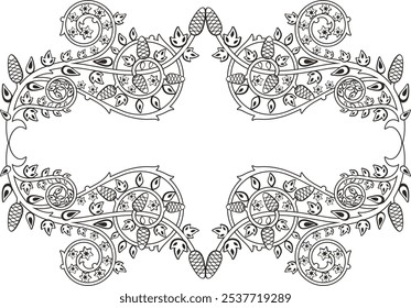 Non-AI ornamental frame with pine cones, leaves and stars. Human made vector image. Decorative panel, great for New Year holiday decors, wedding invitations, greeting cards, banners, logos.