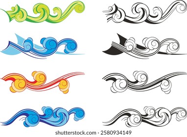 Non-AI sea and ocean waves vector designs, great for vehicle graphics, decals, stickers, T-shirts, signs and logos. Human-made summer tropical theme designs. Colorful, and black and white versions.