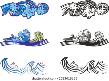 Non-AI sea and ocean waves vector designs, great for vehicle graphics, decals, stickers, T-shirts, signs and logos. Human-made summer tropical theme designs. Colorful, and black and white versions.