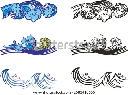 Non-AI sea and ocean waves vector designs, great for vehicle graphics, decals, stickers, T-shirts, signs and logos. Human-made summer tropical theme designs. Colorful, and black and white versions.