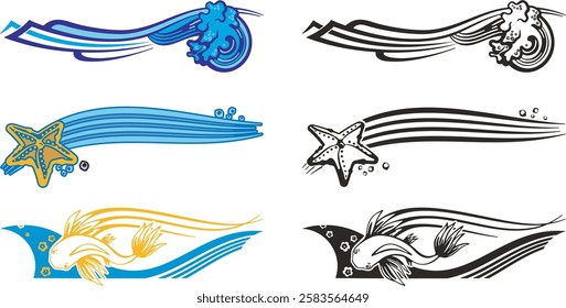 Non-AI sea world, waves, starfish, ocean fish vector designs, great for vehicle graphics, decals, stickers, T-shirts, signs and logos. Human-made clipart in colorful, and black and white versions.	