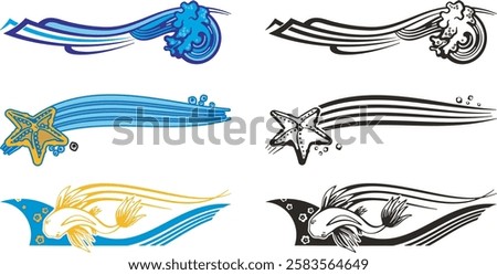 Non-AI sea world, waves, starfish, ocean fish vector designs, great for vehicle graphics, decals, stickers, T-shirts, signs and logos. Human-made clipart in colorful, and black and white versions.	