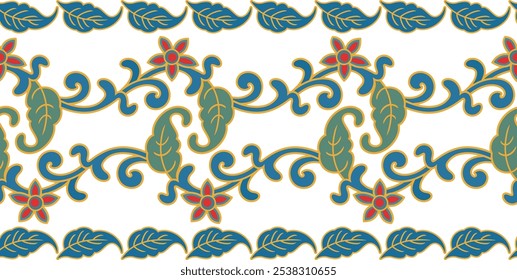 Non-AI seamless floral ethnic frieze. Human-made vector image with decorative flowers, leaves and swirls. Wedding background, page decoration. Floral ornamental motifs in Eastern style.