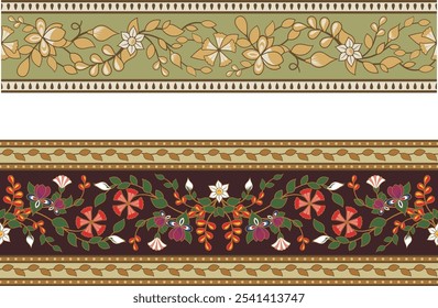 Non-AI seamless floral ethnic frieze. Human-made vector image with flowers, daffodils and leaves. Wedding background, page decoration. Floral ornamental motifs in Eastern, Oriental, Indian style.