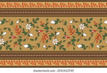 Non-AI seamless floral ethnic frieze. Human-made vector image with flowers, daffodils and leaves. Wedding background, page decoration. Floral ornamental motifs in Eastern, Oriental, Indian style.