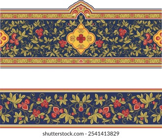 Non-AI seamless floral ethnic frieze. Human-made vector image with flowers and leaves. Wedding background, page decoration, textile decor. Floral ornamental motif in Eastern, Oriental, Arabic style.