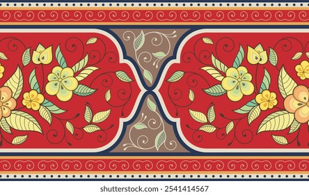 Non-AI seamless floral ethnic frieze. Human-made vector image with flowers, batik design. Wedding background, page decoration, textile decor. Floral ornamental motif in Eastern, Oriental, Arabic style