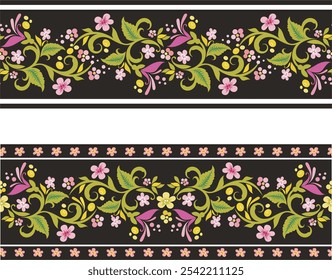 Non-AI seamless floral ethnic frieze. Human-made vector image with decorative flowers, leaves and swirls. Wedding background, page decoration. Floral ornamental motifs in Eastern style.