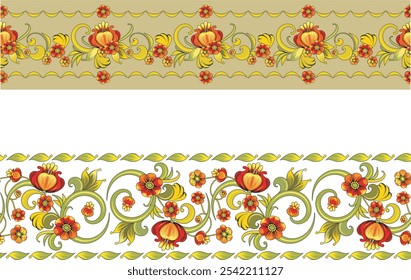 Non-AI seamless floral ethnic frieze. Human-made vector image with decorative flowers, leaves and swirls. Wedding background, page decoration. Floral ornamental motifs in Eastern style.