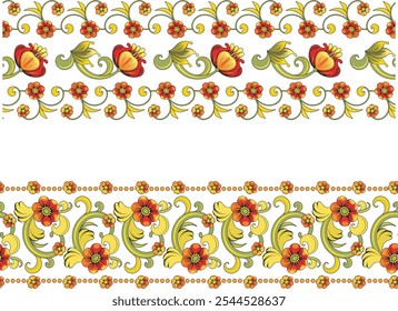 Non-AI seamless floral ethnic frieze. Human-made vector image with decorative flowers, leaves and swirls. Wedding background, page decoration. Floral ornamental motifs in Eastern style.