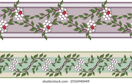 Non-AI seamless floral ethnic frieze sets. Human-made vector designs with decorative flowers and leaves. Wedding backgrounds, page decorations. Floral ornamental motifs in Eastern style.