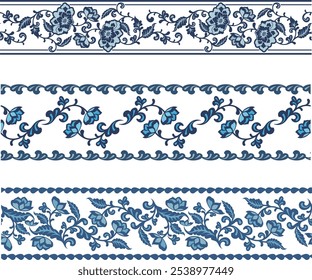 Non-AI seamless floral ethnic friezes set. Human-made vector image with flowers and leaves. Wedding backgrounds, page decorations, borders, textile decors. Floral ornamental motifs in Eastern style.